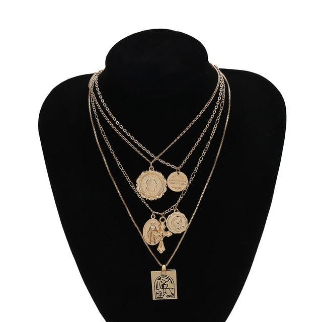 Vintage 4 Set Separable Chain Multi Layer Pendant Choker Necklaces Virgin Mary Jesus Cross Totem Square Jewelry Gift - DRE's Electronics and Fine Jewelry