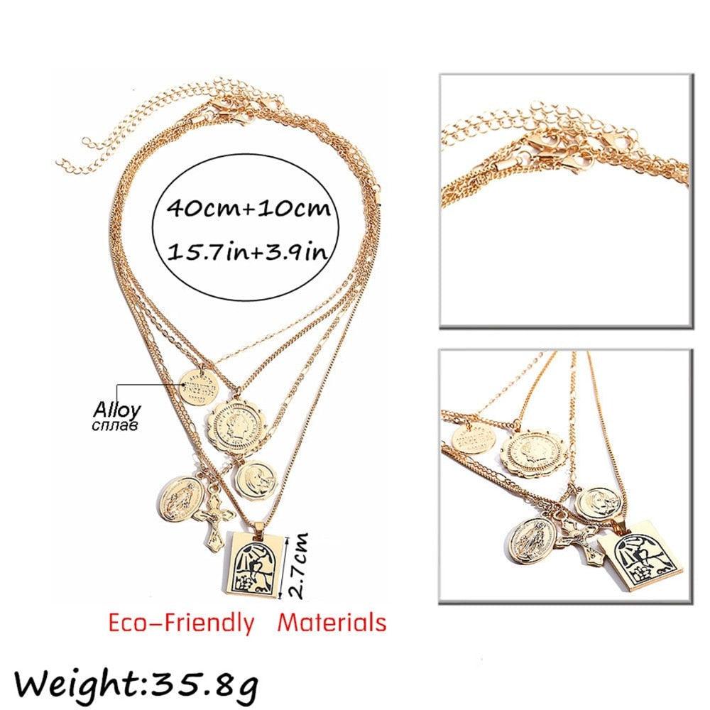 Vintage 4 Set Separable Chain Multi Layer Pendant Choker Necklaces Virgin Mary Jesus Cross Totem Square Jewelry Gift - DRE's Electronics and Fine Jewelry