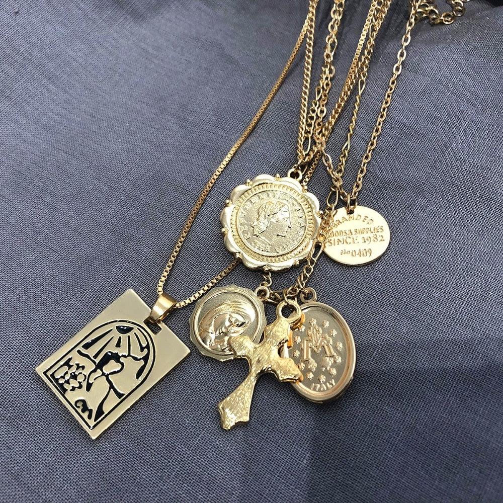 Vintage 4 Set Separable Chain Multi Layer Pendant Choker Necklaces Virgin Mary Jesus Cross Totem Square Jewelry Gift - DRE's Electronics and Fine Jewelry