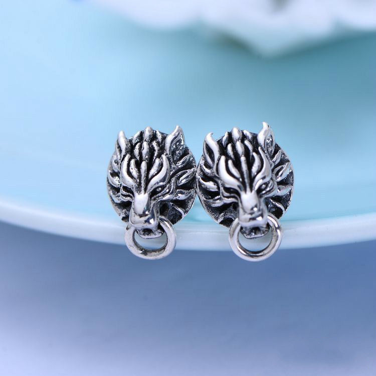 Retro Thai Silver Personality Wolf Head Men's Stud Earrings