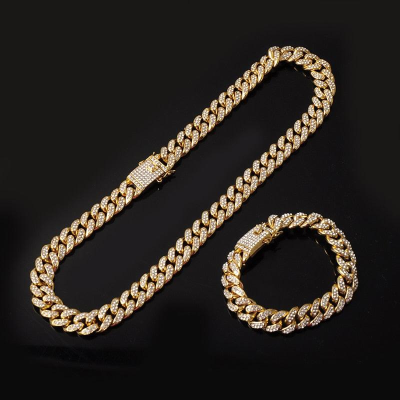 Hip Hop Iced Out Paved Rhinestones 1Set 8MM 13MM Full Miami Curb Cuban Chain CZ Bling Rapper Necklaces For Men Jewelry - DRE's Electronics and Fine Jewelry