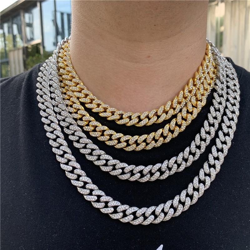 Hip Hop Iced Out Paved Rhinestones 1Set 8MM 13MM Full Miami Curb Cuban Chain CZ Bling Rapper Necklaces For Men Jewelry - DRE's Electronics and Fine Jewelry