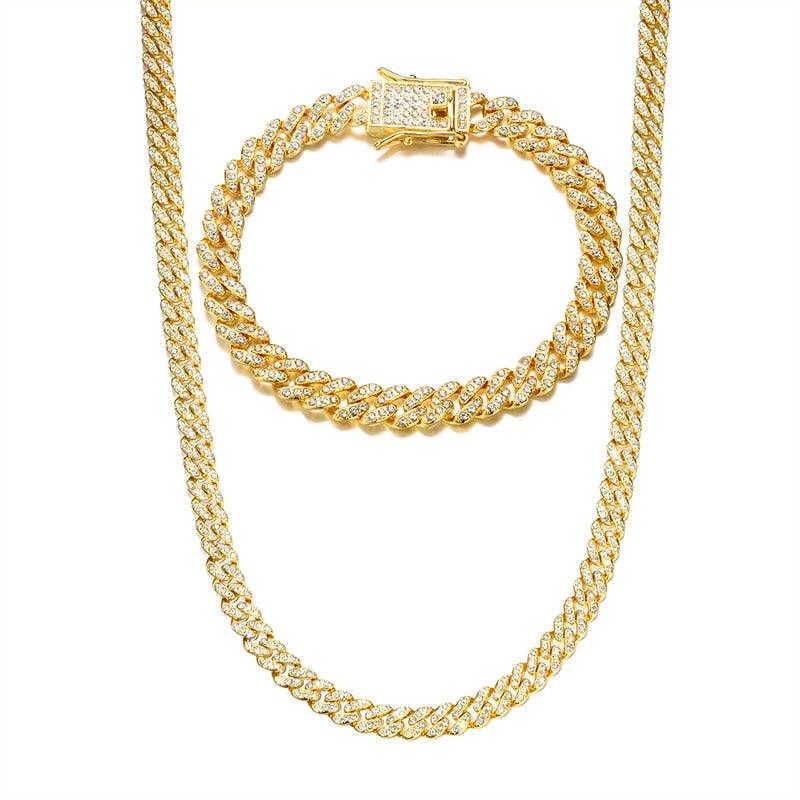 Hip Hop Iced Out Paved Rhinestones 1Set 8MM 13MM Full Miami Curb Cuban Chain CZ Bling Rapper Necklaces For Men Jewelry - DRE's Electronics and Fine Jewelry