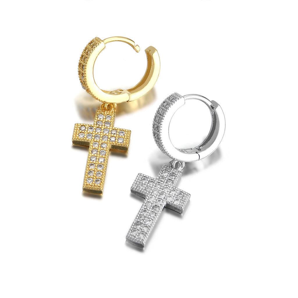 Double Row Zircon Cross Earrings Micro-set Zircon Hiohop Personalized Men's Earrings