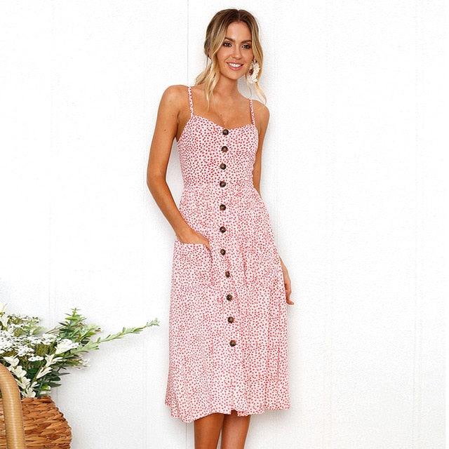 2019 New Women Print Floral Stripe Long dress Sexy V-Neck Sleevele Button Beach Casual Boho Midi Dress Plus Size 3XL vestidos - DRE's Electronics and Fine Jewelry