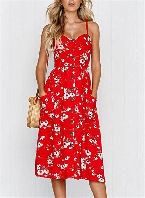 2019 New Women Print Floral Stripe Long dress Sexy V-Neck Sleevele Button Beach Casual Boho Midi Dress Plus Size 3XL vestidos - DRE's Electronics and Fine Jewelry